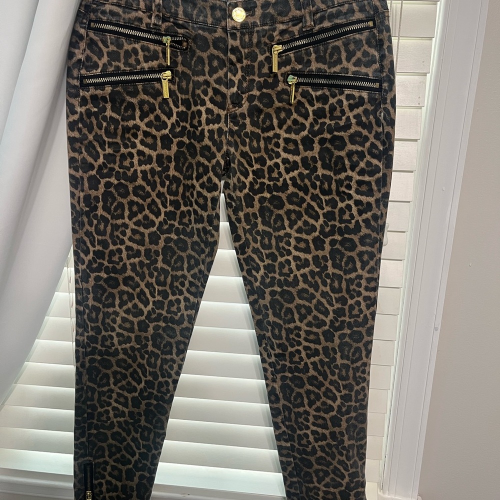 Michael Kors Brown Leopard Print Pants with Gold Zippers